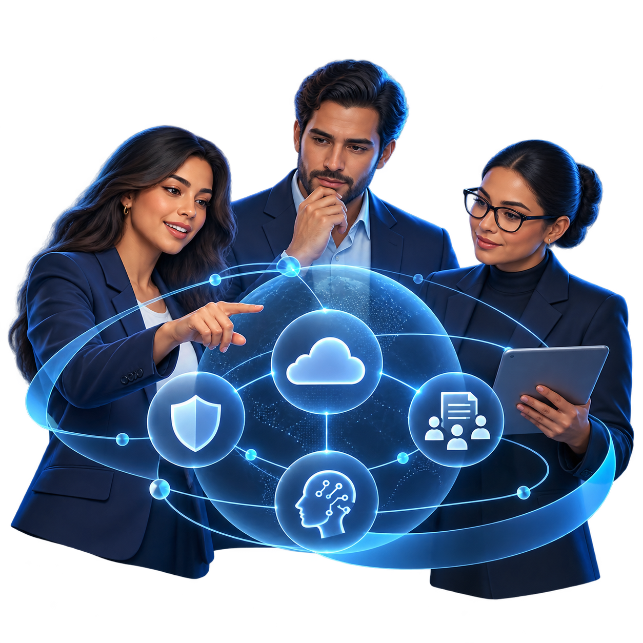 Equipo tecnológico integrando seguridad, nube, colaboración e inteligencia artificial